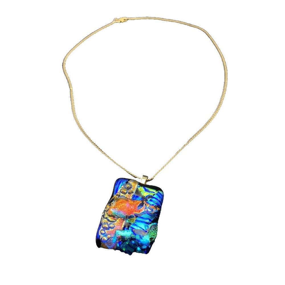 Dichroic Glass Pendant Blue Orange Green Vtg Monet Yellow Gold Plate Snake Chain